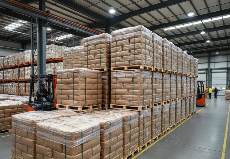 factory warehouse with stacks of paper bags