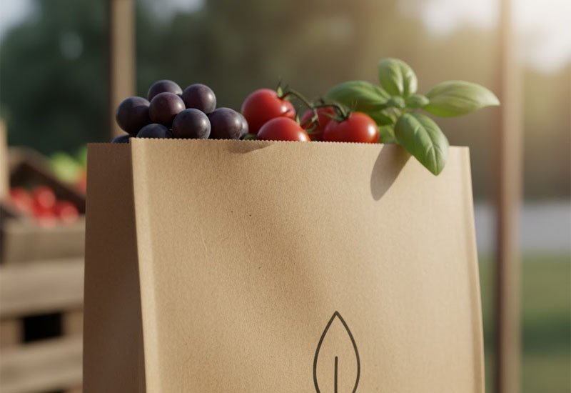 Gros plan d'un sac en papier kraft brun non couché respectueux de l'environnement avec une texture naturelle contenant des produits biologiques
