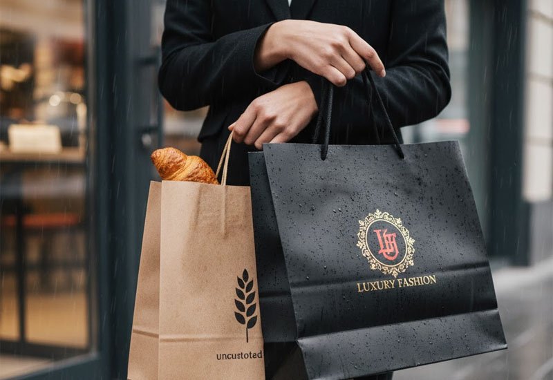Customer carrying two types of paper bags—one glossy and sturdy one matte and used for bakery items