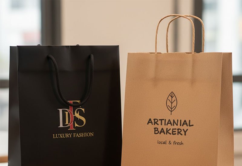 Comparaison côte à côte d'un sac en papier couché brillant et d'un sac en papier kraft mat non couché