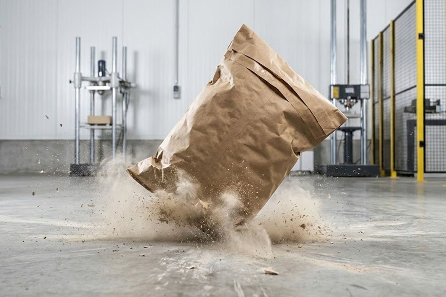 Ciężka torba kurierska z papieru pakowego uderza o betonową podłogę