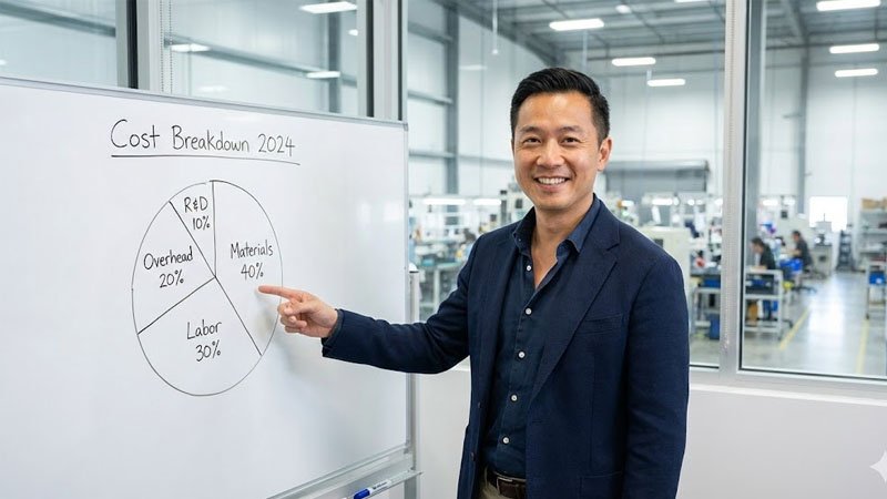 ਇੱਕ ਵਾਈਟਬੋਰਡ ਜੋ ਲਾਗਤ ਵੰਡ ਦਾ ਪਾਈ ਚਾਰਟ ਪ੍ਰਦਰਸ਼ਿਤ ਕਰਦਾ ਹੈ।