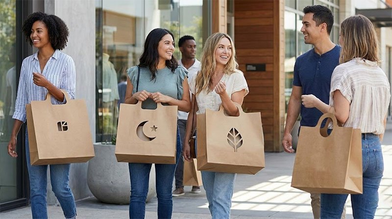 Gesnyde papiersakke staan uit in kleinhandel