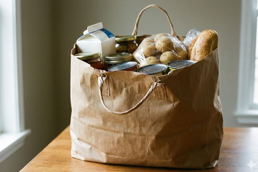 un sac en papier contenant plusieurs articles d'épicerie lourds
