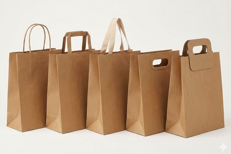 Comparaison des anses de sacs en papier, corde, ruban plat, découpe à l'emporte-pièce