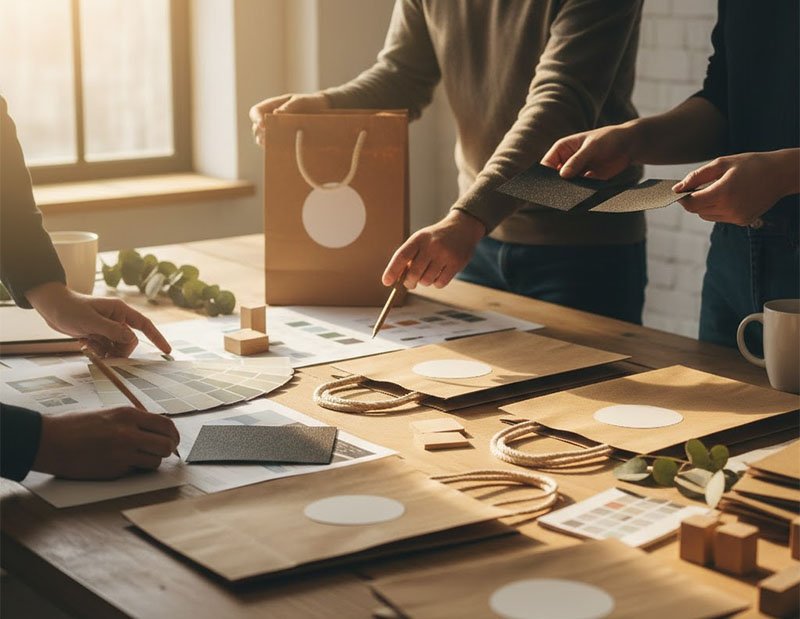 Emballagedesignteam gennemgår bæredygtige poseprøver