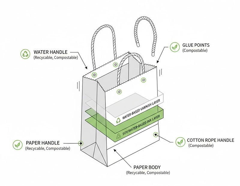 Diagram over genbrugs- og komposterbarhed af dele af papirposer