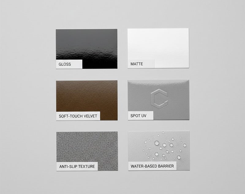 Papirbelægningsprøver mat, glansfuld, blød og punkteret UV