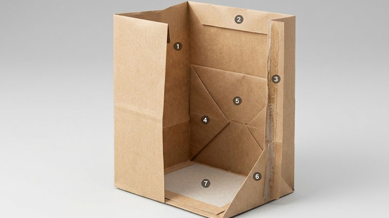 Close up of square bottom structure and reinforced folds of a compact paper bag