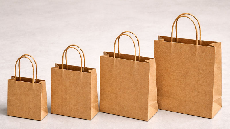 Comparison of compact paper bag sizes from small to medium