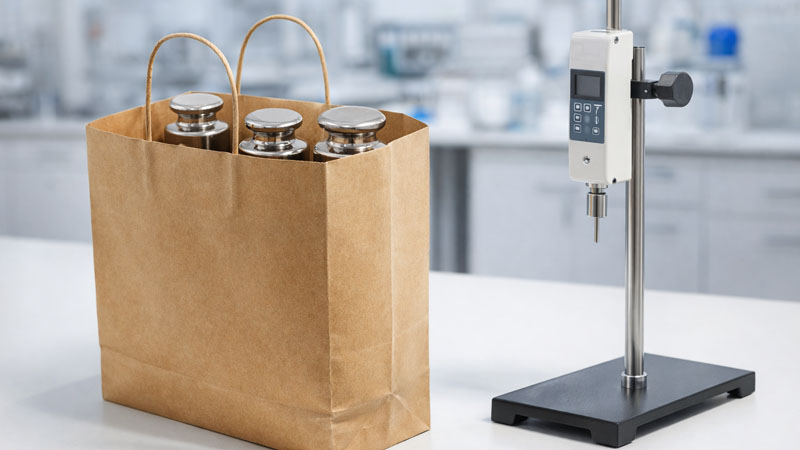 Load testing a kraft paper bag using calibrated weights in a lab setting