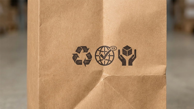 printed paper bag with recycling symbols and compliance marks