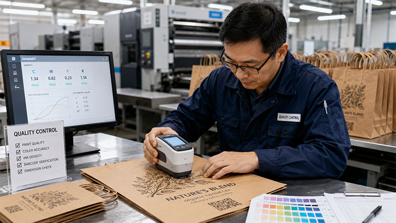 Quality inspector testing printed paper bags factory