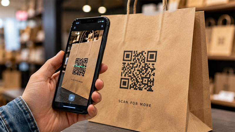 Smartphone scanning QR code on kraft paper bag