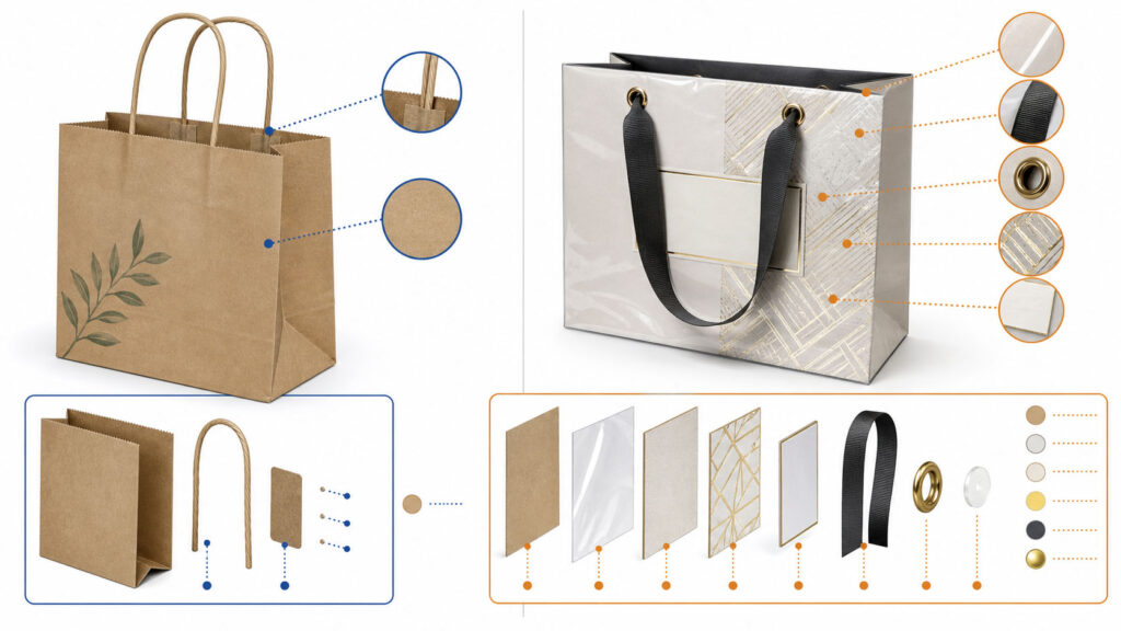 ingle material and multi material paper bag structures